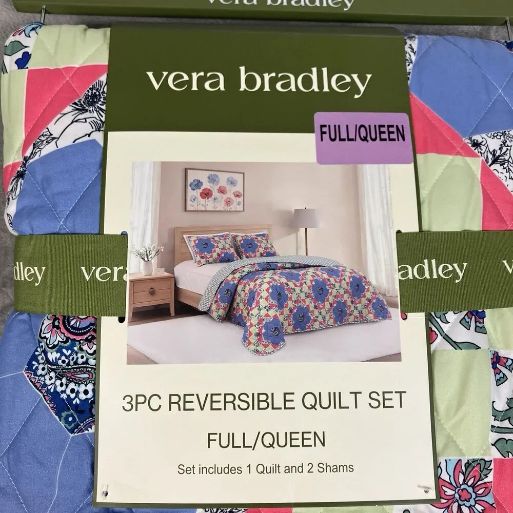 Vera Bradley Full Queen Quilt Set 3 Piece Reversible Floral Patchwork Blue Green